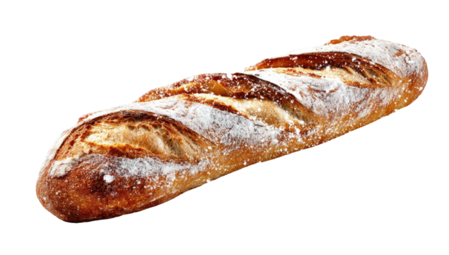 Crusty baguette, flour dusted, golden brown and light