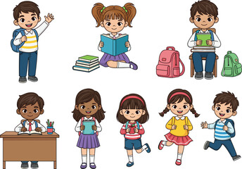Set of Diverse, Happy, and Smiling School Children Poses, Reading Books, Waving, and Going to Class with Backpacks.
