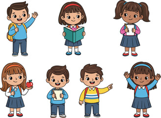 Set of Happy Diverse School Kids Characters, Reading, Waving, and Holding Supplies for Back to School Education.