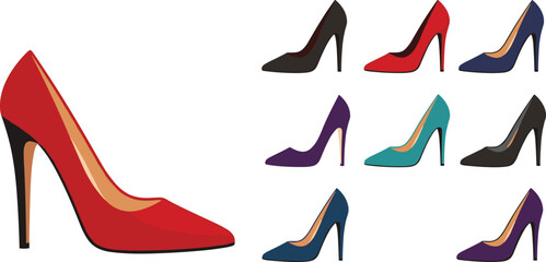 Red high heel shoe collection, fashion footwear, stylish stiletto heels, elegant design, colorful pumps, retail display, trendy illustration, variety
