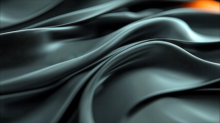 Obraz premium A close-up view of smooth, dark gray satin fabric with elegant folds and curves, featuring a soft orange glow in the upper right corner.