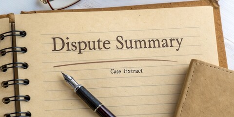 Dispute Summary Note on a Wooden Desk with a Fountain Pen and Glasses Present, Showing Legal Documentation and Notepad