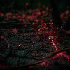 Glowing red fungi and cracked soil on dark forest floor at night, eerie bioluminescence for dark fantasy concept and mystical atmosphere