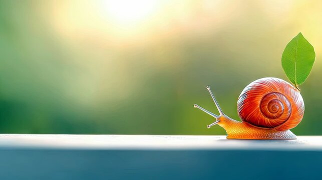 A snail with a vibrant orange shell and a fresh green leaf perched on top is captured in a close-up, moving slowly across a white surface.