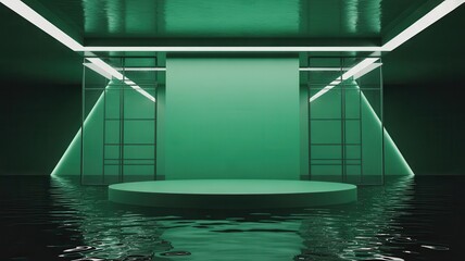 Modern green illuminated podium in dark water studio backdrop.