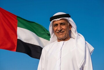 Elderly Arab man in traditional attire smiling with UAE flag fluttering against a bright blue sky, celebrating UAE Day.