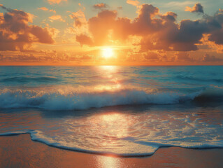 Ocean Shore Bathed in Golden Sunset Light with Soft Rolling Waves