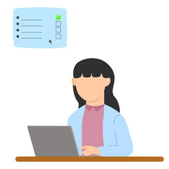 Woman at her desk working on her laptop. Freelancer, morning routine, productivity concept. 