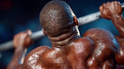 A close-up shot focuses on the muscular, sweaty back and neck of a Black man performing a pull-up, highlighting his physical exertion.