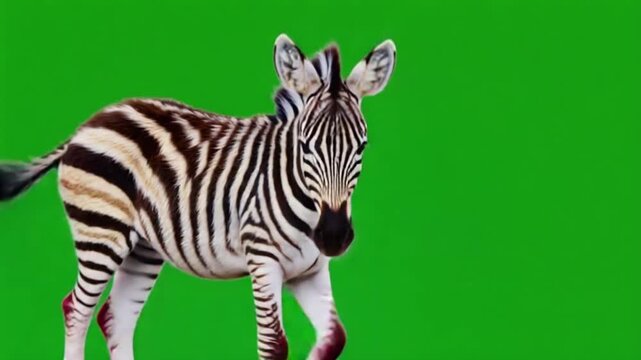 Zebra standing in front of a green screen looking to the right side of the frame close up shot zebra green screen video