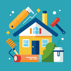 &ldquo;Flat style vector illustration of home renovation concept: paint roller, hammer, blueprint&rdquo;

