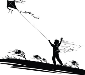 Boy Flying Kite on Windy Hilltop – Black and White Silhouette Vector Art