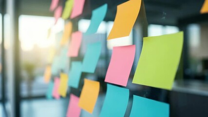 Vibrant multicolored sticky notes attached to a glass wall in a modern office. Ideal for brainstorming sessions, teamwork, project planning, and creative collaboration environments. - Powered by Adobe