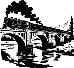 Train Crossing Old Bridge Over River – Black and White Silhouette Vector Art