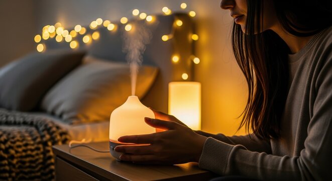 Persons hands near an essential oil diffuser with warm lights in bedroom