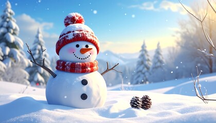 Obraz premium A cheerful snowman, adorned in a red knitted hat and scarf, stands in a snowy landscape. The sunny day has a clear blue sky and pine trees
