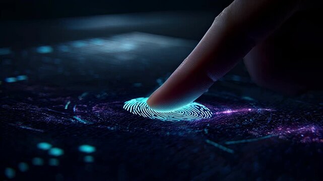 Futuristic biometric fingerprint scanner verifying identity on digital interface for cyber security and access control