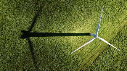 bird's eye view of wind turbine shadow on green grass