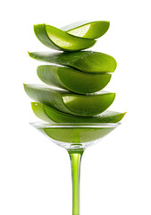 Sliced aloe vera stacked on glass. Black background