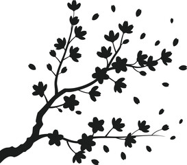 Cherry blossom branch silhouette with falling petals vector illustration