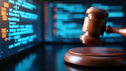 Digital law and justice concept with gavel and floating code windows. - Powered by Adobe