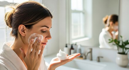 Woman applying facial cleanser foam to her face in a bright bathroom