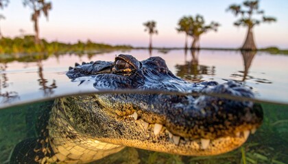 Obraz premium Close-up view of an alligator's head emerging from tranquil water, with a serene landscape.