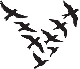 Flock of birds in flight forming a heart shape silhouette