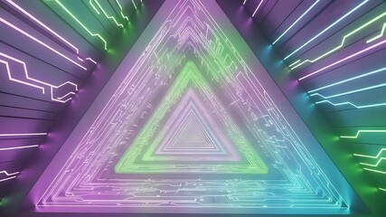 Abstract triangle tunnel with neon lights and circuit board patterns creating a futuristic look - Powered by Adobe
