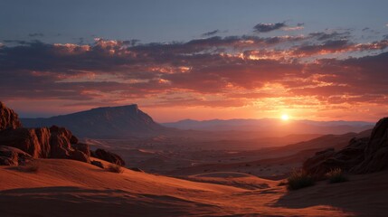 Naklejka premium A breathtaking wide shot of a vast desert landscape at sunset