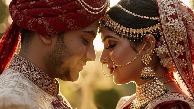 Romantic Indian Wedding Moment &mdash; Bride and Groom Touching Foreheads at Golden Hour