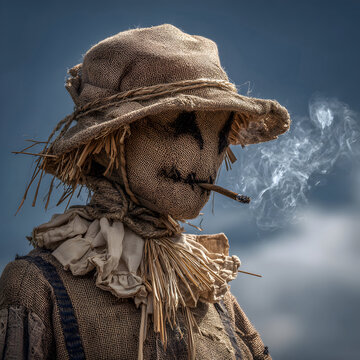 scarecrow figure smoking a marijuana weed spliff outdoors with burlap face and straw hat