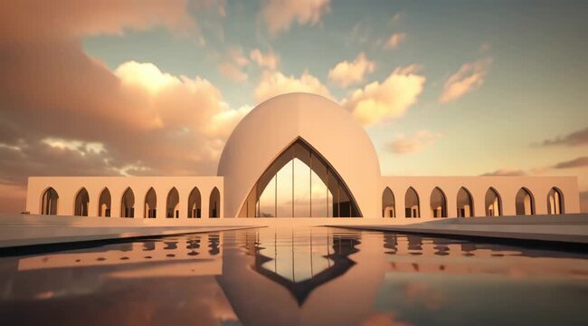 Architectural marvel reflecting sunset hues a blend of modern design and serene beauty