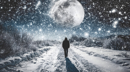 A solitary figure walking down a snow-covered path under a large moon, surrounded by falling snowflakes and a starry night sky creating a serene winter landscape.