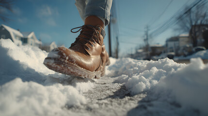 Person Walking in Brown Boots Through Deep Snow on a Cold Winter Day with Clear Blue Sky and Urban Background, Focus on Footsteps and Snow Texture