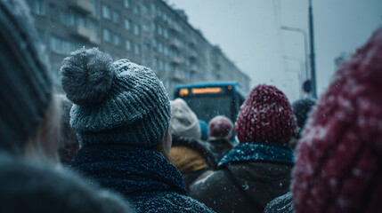 Snowy Urban Scene with People Wearing Warm Hats at a Bus Stop in a Gloomy Winter Day  with Soft Snow Falling in a Busy City Environment