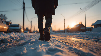 Person Walking on a Snowy Street at Sunset, Surrounded by Snow-Covered Ground and Urban Landscape, Creating a Serene Winter Evening Atmosphere