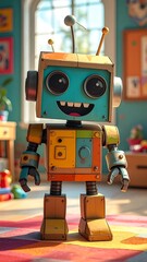 Fototapeta premium A colorful toy robot with a friendly expression stands in a brightly lit room with a window, cheerful, and children's room
