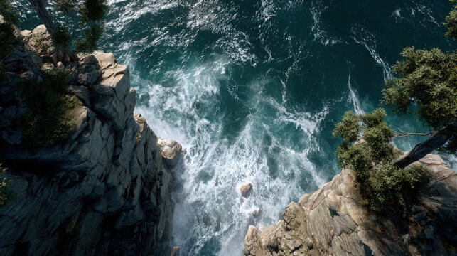 top-down view of rocky cliff edge with crashing waves