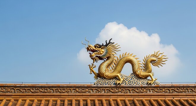 Golden chinese dragon statue on a tiled roof against blue sky