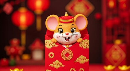 Cute cartoon mouse character popping out of a red hongbao envelope