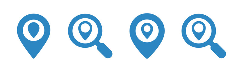 Obraz premium Local SEO icons set, map pin location, place marker, pointer, GPS with magnifying glass icon symbol, thin line and flat style vector illustration, perfect for digital marketing, website design
