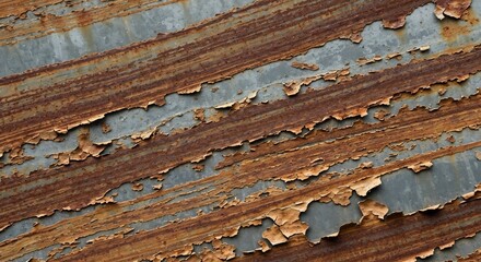 Corrugated metal sheet with peeling paint and rust revealing a textured surface with diagonal stripes