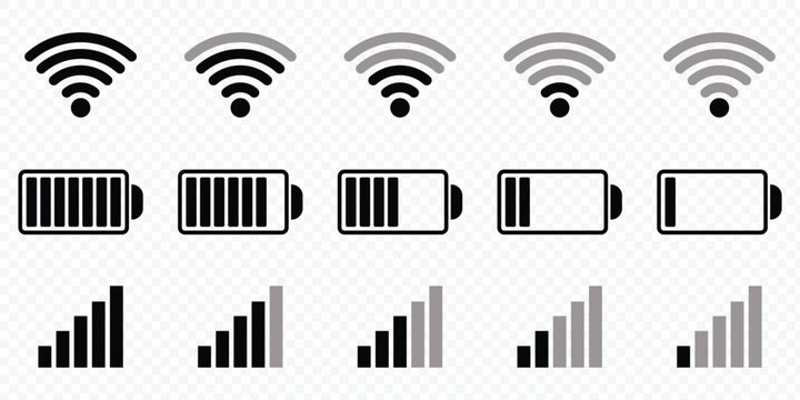 Phone bar status Icons, battery Icon, wifi signal strength. Set wifi icon isolated on white background for phone. Status bar icon. Status bar phone icon vector illustration.