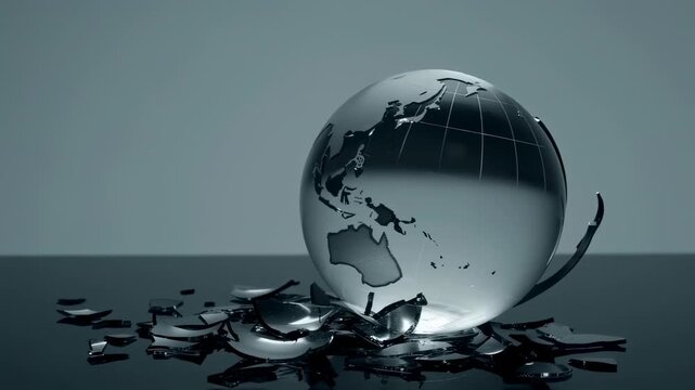A broken glass globe surrounded by shards, in a grayscale image