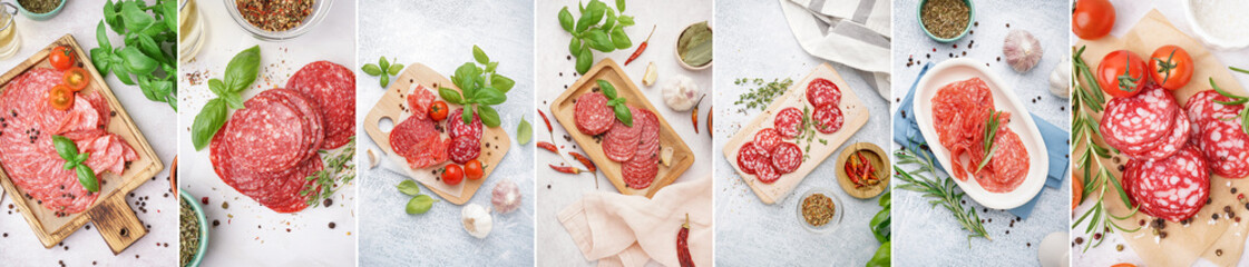 Collage of tasty salami on light background, top view