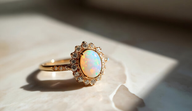A stunning opal ring set in elegant gold, reflecting light beautifully on a marble surface. Perfect for accessories or jewelry collections.