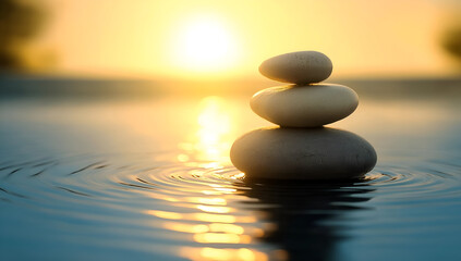 A serene stack of stones resting on calm water, illuminated by the warm glow of a setting sun, promoting tranquility and mindfulness.