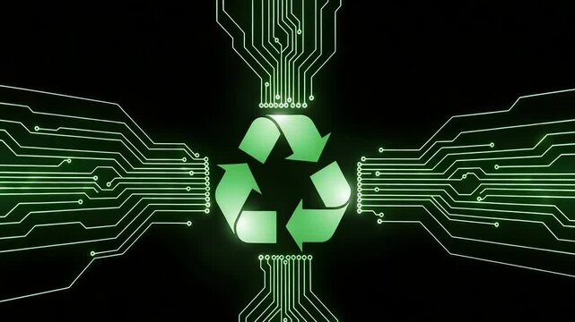 Green recycle symbol surrounded by circuit board patterns on a black background design element