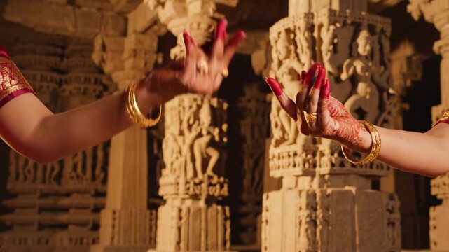 Graceful Indian Classical Dance Performance at Modhera Dance Festival, Showcasing Intricate Mudras Against Ancient Temple Carvings